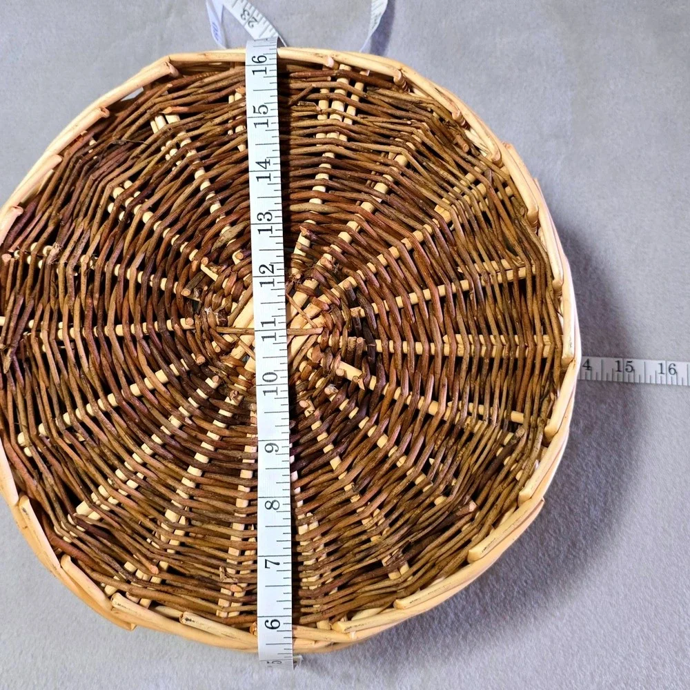 Vintage Round Wicker Serving Basket 12 in Clear Liner Two Tone Woven